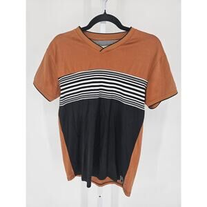 Scott James Mens Sz M Short Sleeve V Neck T Shirt Brown Black Striped
